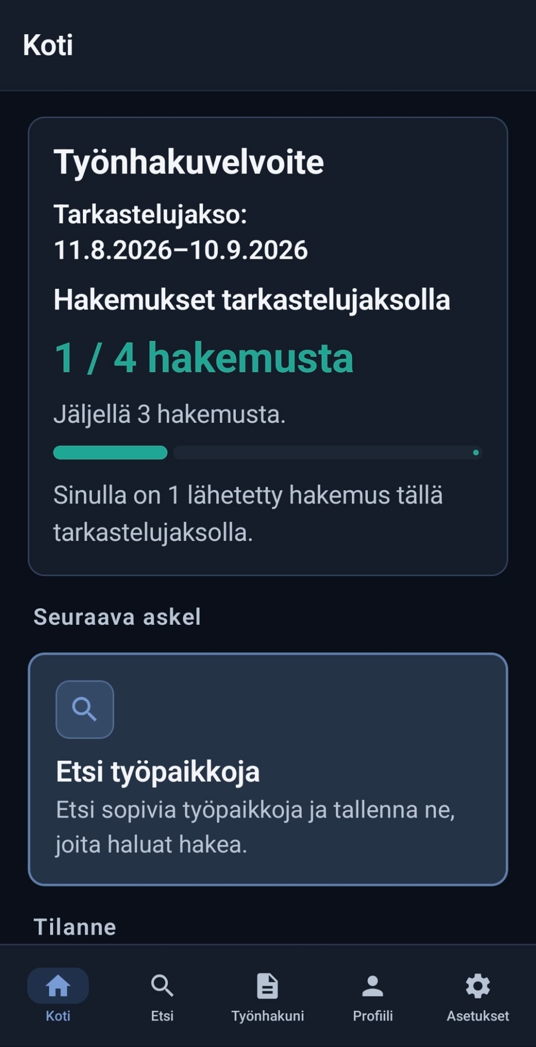Työtori home screen in Finnish: job search obligation, review period and the number of applications sent