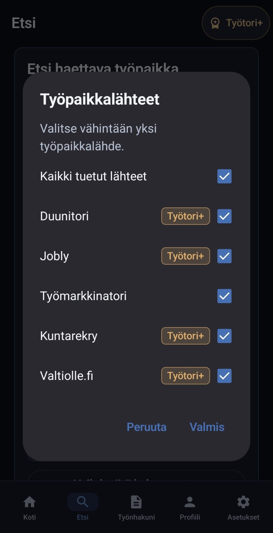 Työtori job source selection in Finnish: Duunitori, Jobly, Työmarkkinatori, Kuntarekry and Valtiolle.fi