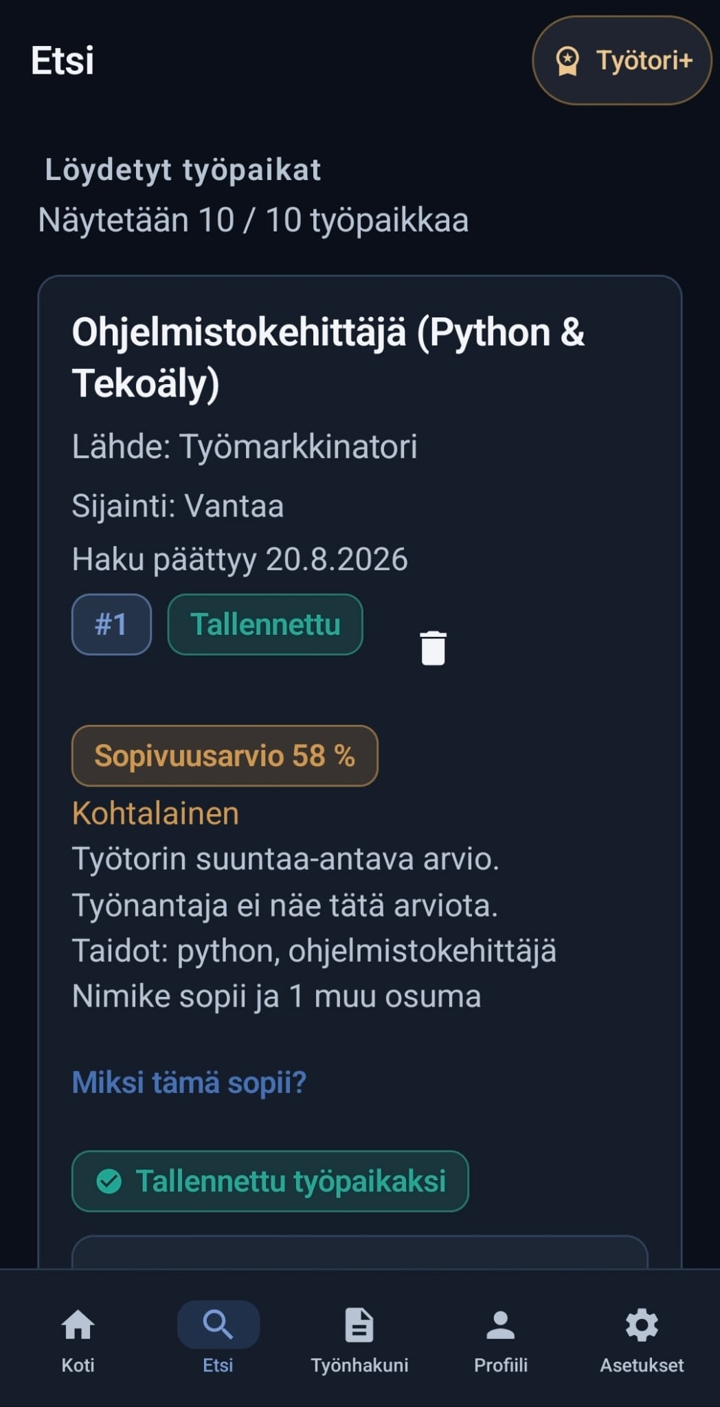 A Työtori search result in Finnish: job title, source, location, application deadline and suitability estimate