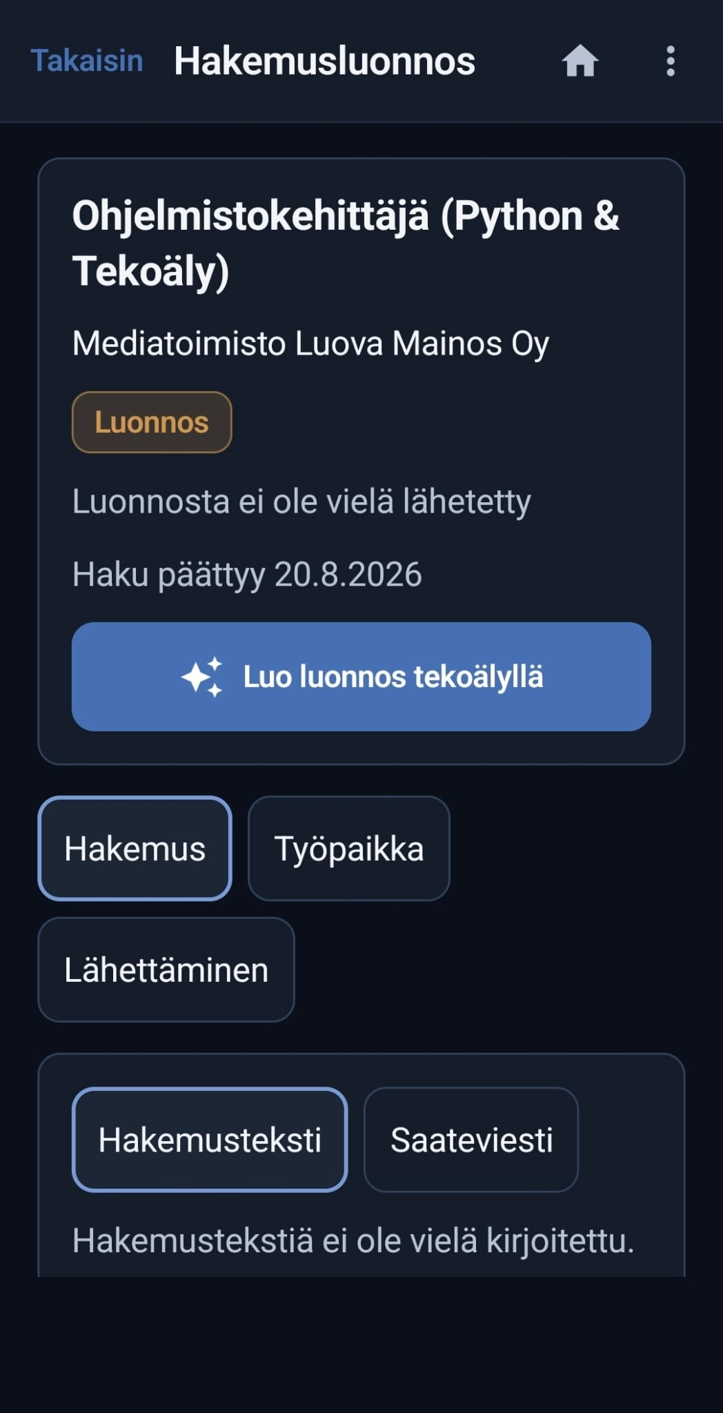 A Työtori application draft in Finnish with the application text and cover message tabs