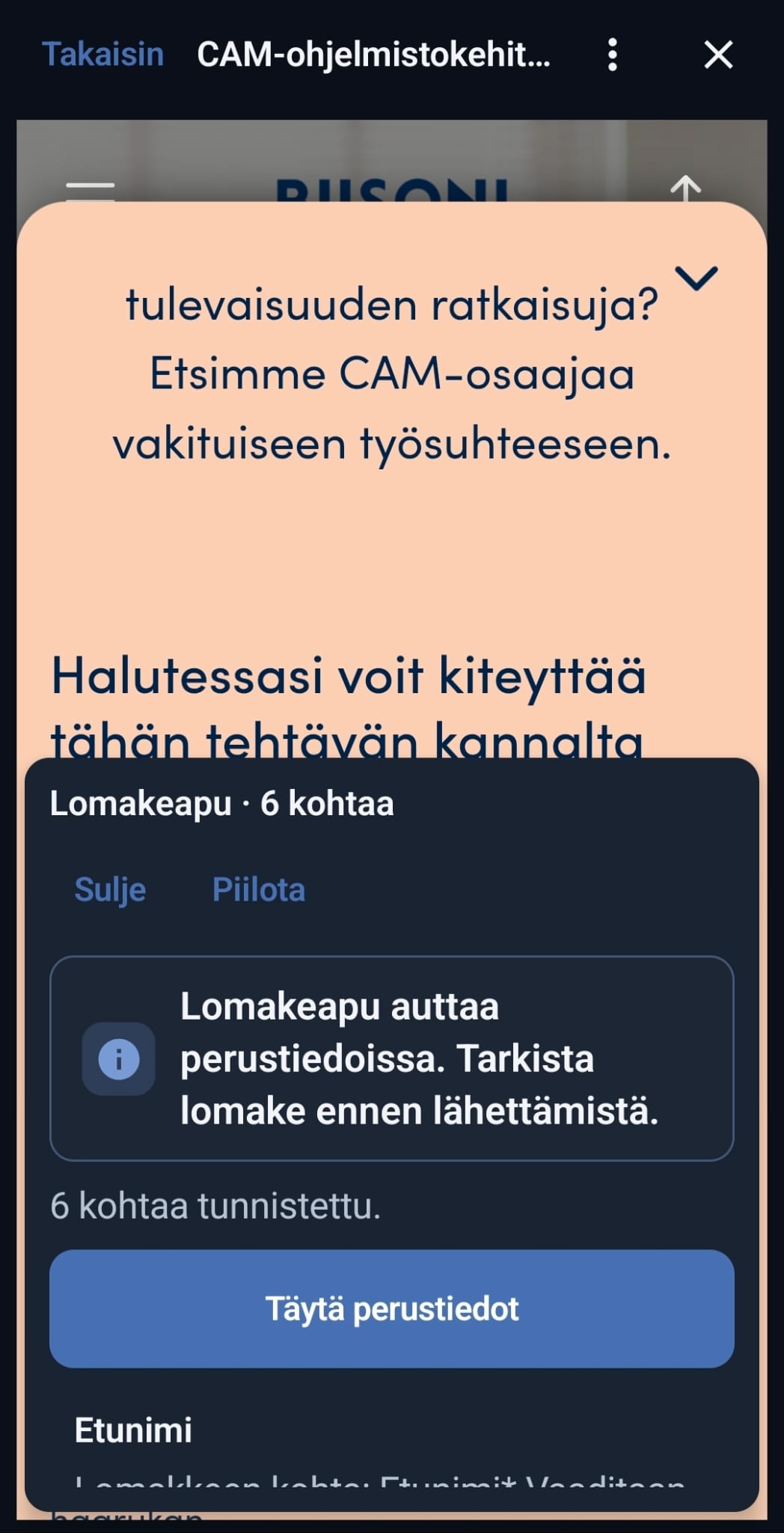 Form help in the Työtori browser in Finnish, listing the recognised fields of an employer form