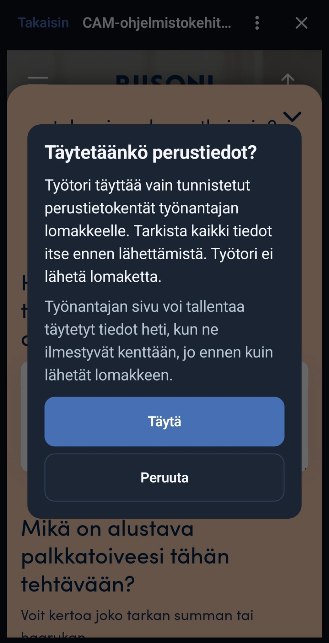 The Työtori confirmation dialog in Finnish before basic details are filled into an employer form